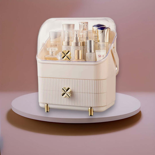 Affordable makeup display case organiser with clear lid, showcasing cosmetic and jewelry storage options in a stylish design.