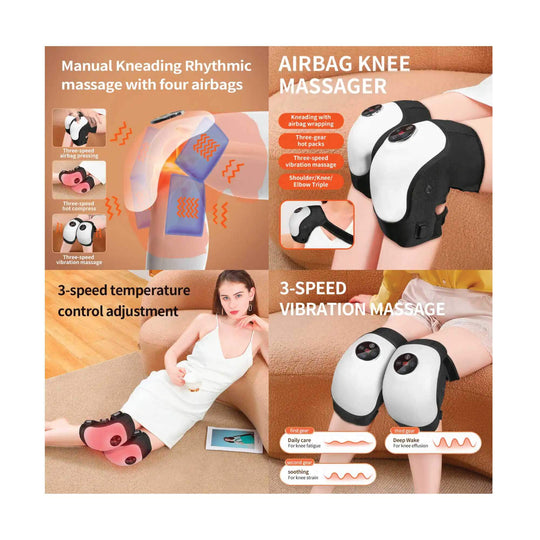 Electric knee massager showcasing airbag massage, temperature control, and rhythmic kneading for relaxation.