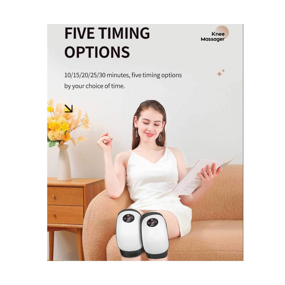 Woman relaxing with electric knee massager, showcasing five timing options for customized comfort.