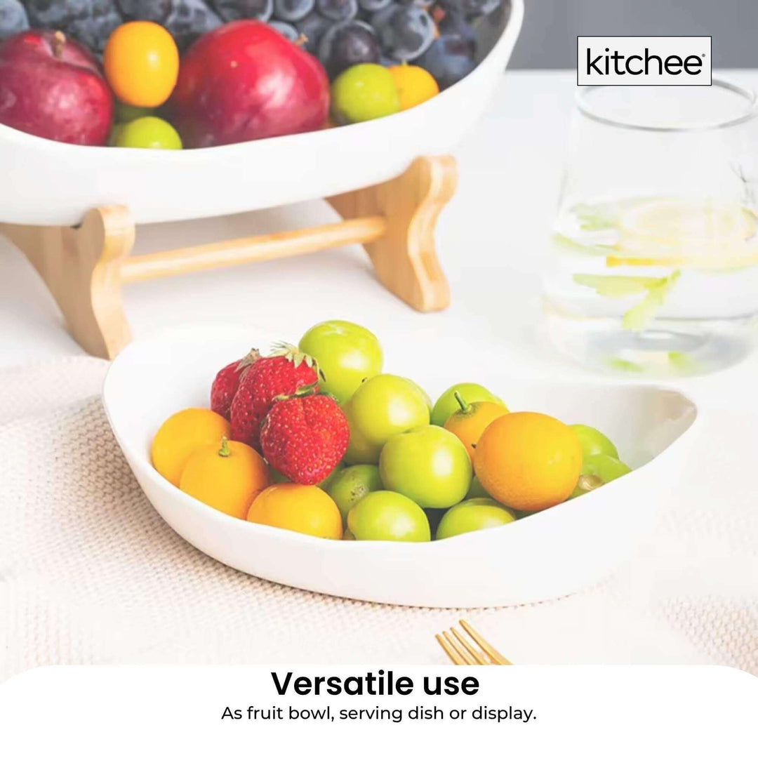 Affordable 3 tier porcelain fruit bowl on bamboo stand, versatile for fruits and snacks, stylish and space-saving.