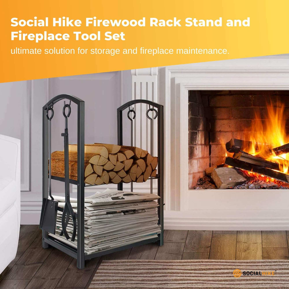 Social Hike Firewood Rack Stand and Tool Set, affordable quality storage solution for fireplaces and outdoors.