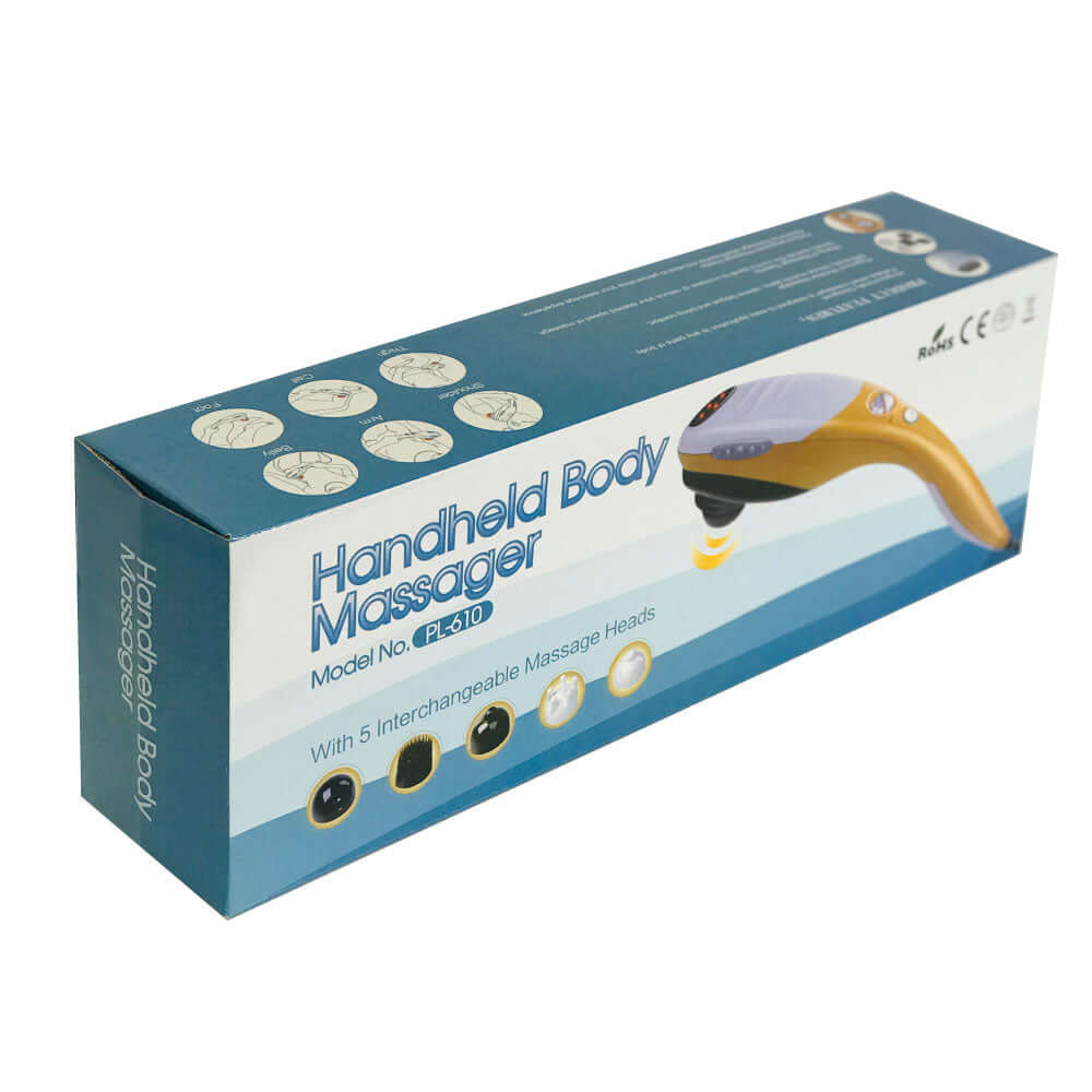 Champagne handheld body massager packaging with 5 interchangeable massage heads and adjustable speeds for quality relaxation.