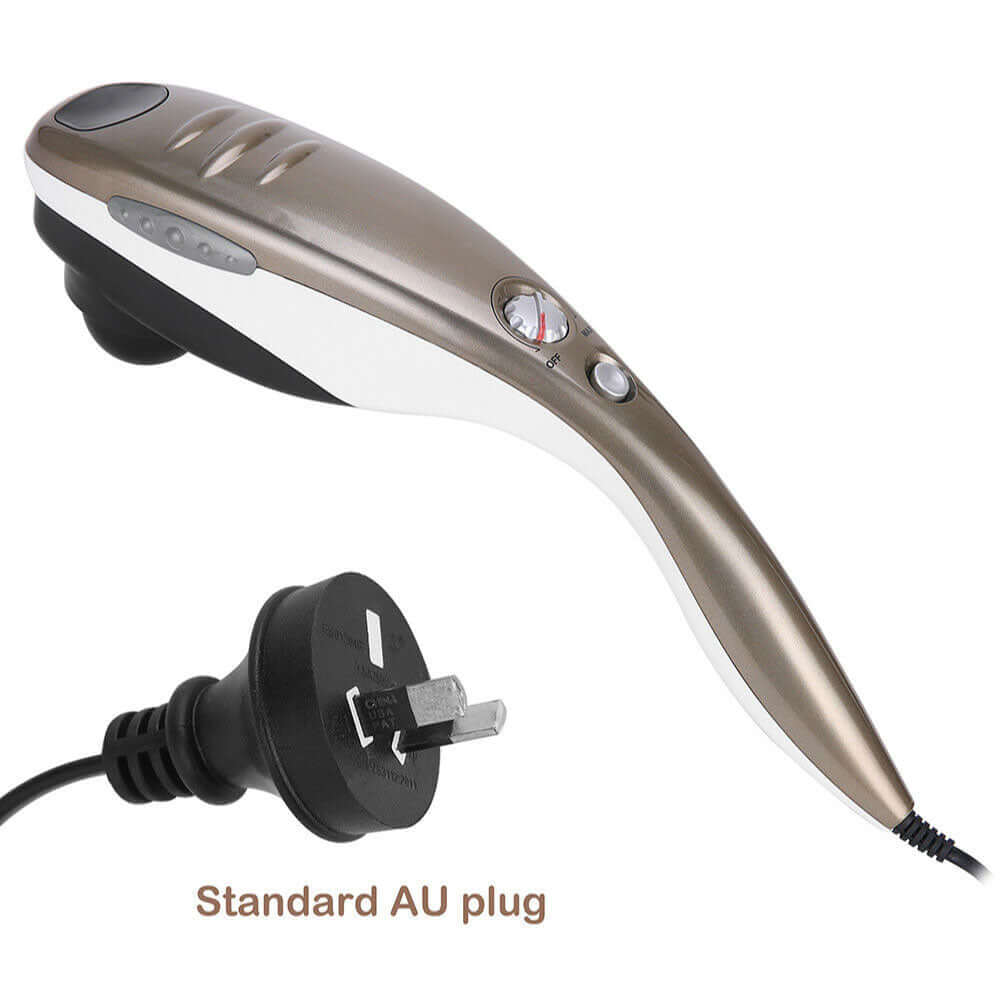 Compact full body handheld massager with 6 massage heads and standard AU plug for affordable relaxation.