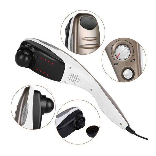 Full body handheld massager in champagne color showing adjustable settings and massage heads for affordable DIY luxury.