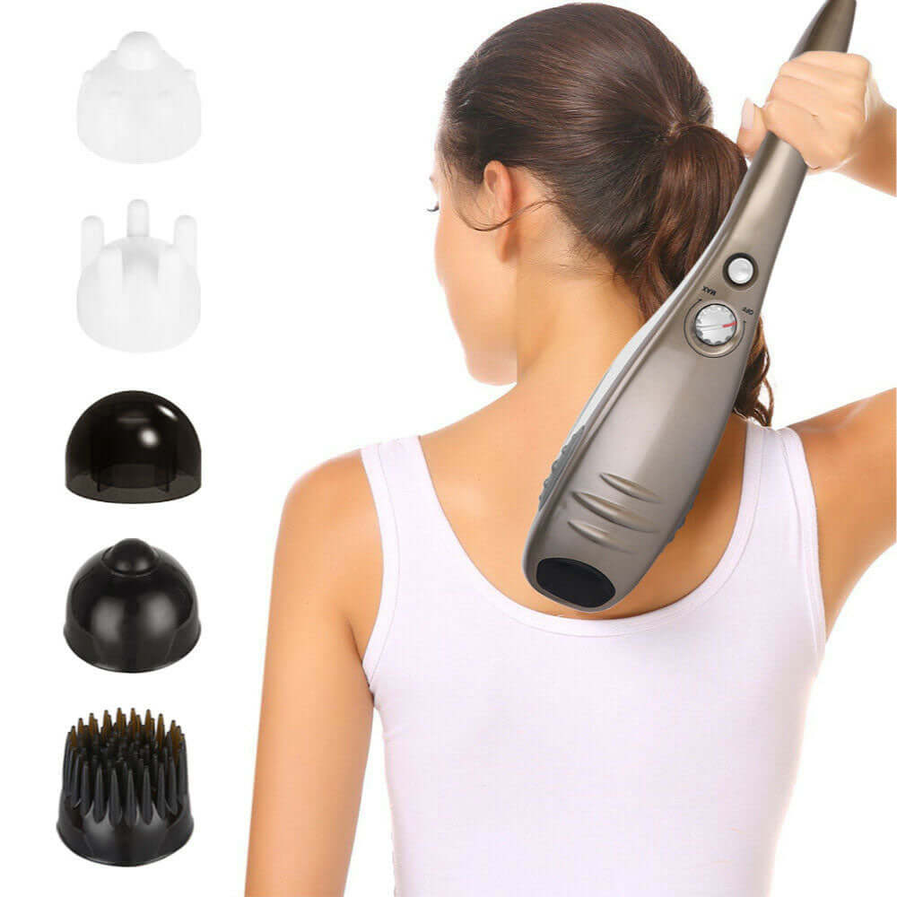 Full body handheld massager in champagne color used on shoulder, showcasing 6 interchangeable massage heads for versatile relief.