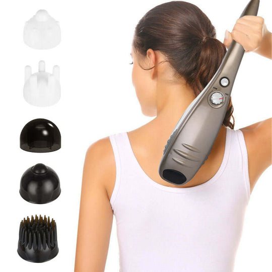 Full body handheld massager in champagne color used on shoulder, showcasing 6 interchangeable massage heads for versatile relief.