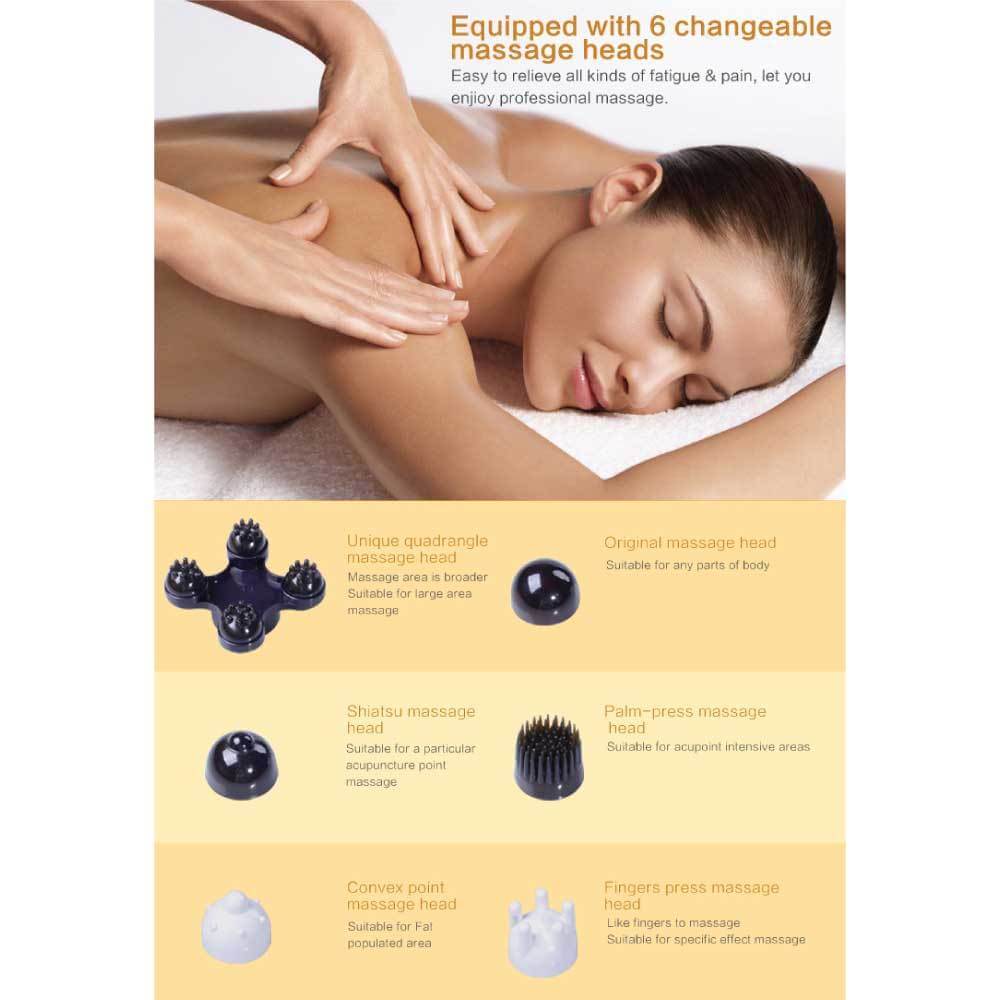 Infographic showing 6 changeable massage heads for handheld massager, promoting affordable, quality DIY massages.