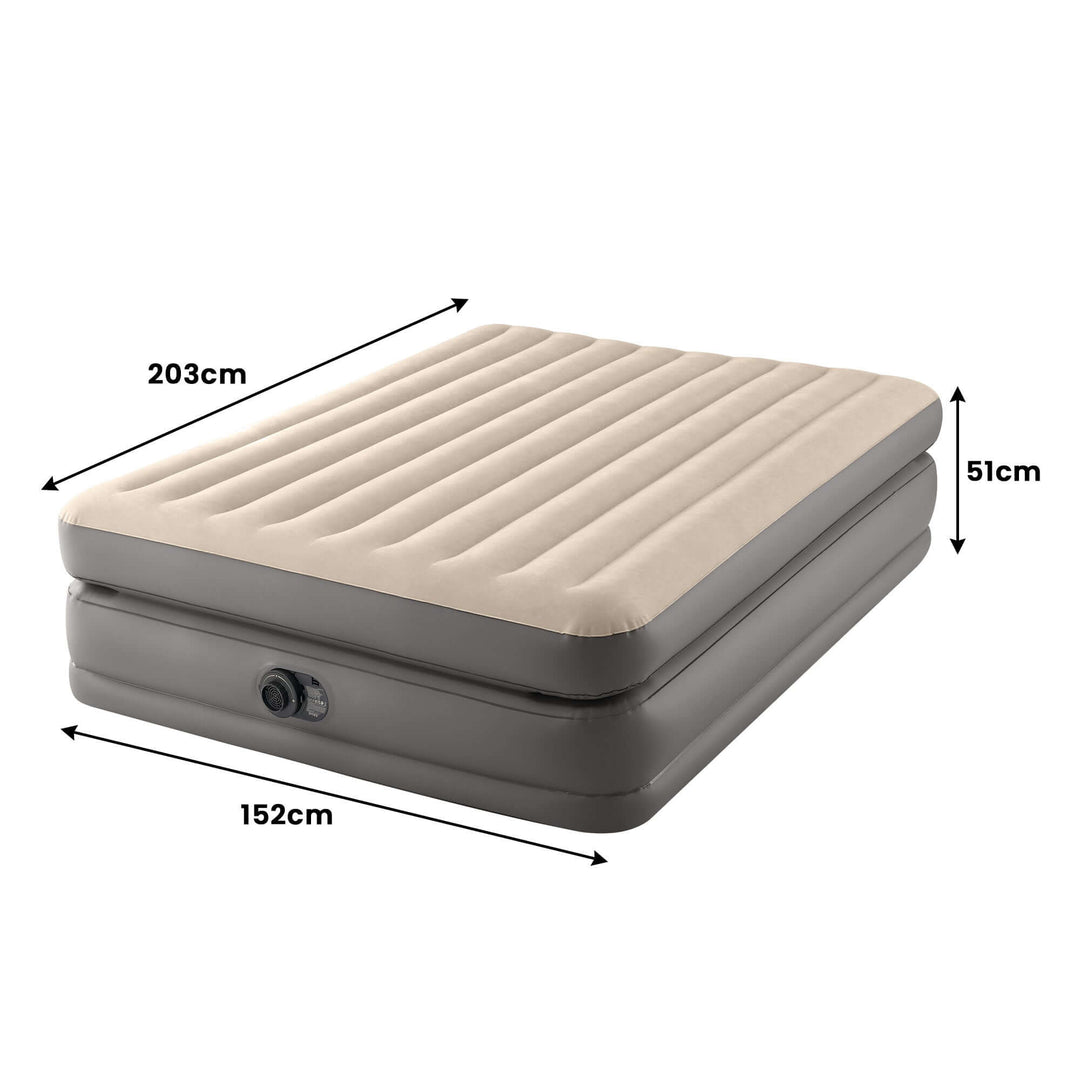 Intex Dura-Beam Plus Queen elevated air mattress with dimensions 203cm x 152cm x 51cm, offering affordable luxury and comfort.