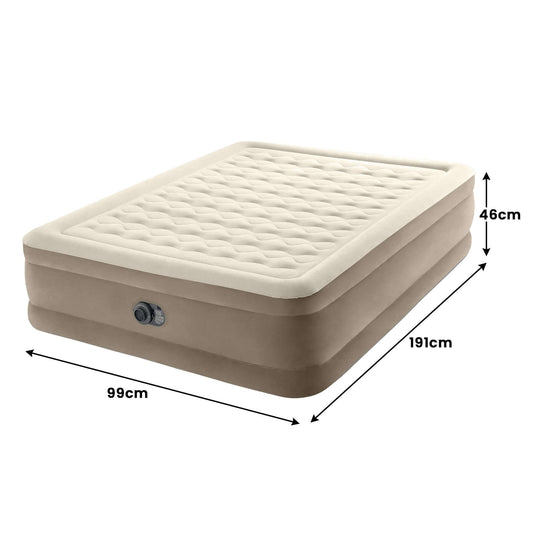 Intex Dura-Beam Deluxe Queen Ultra Plush Air Mattress with dimensions 191cm x 99cm x 46cm for affordable luxury and comfort.