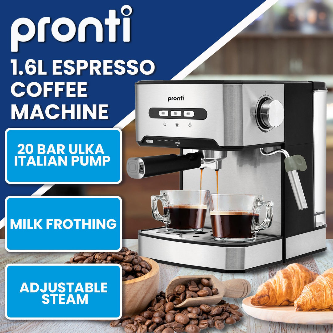 Pronti 1.6L Espresso Coffee Machine with 20 bar ULKA Italian Pump, Milk Frothing, and Adjustable Steam, surrounded by coffee beans and croissants.