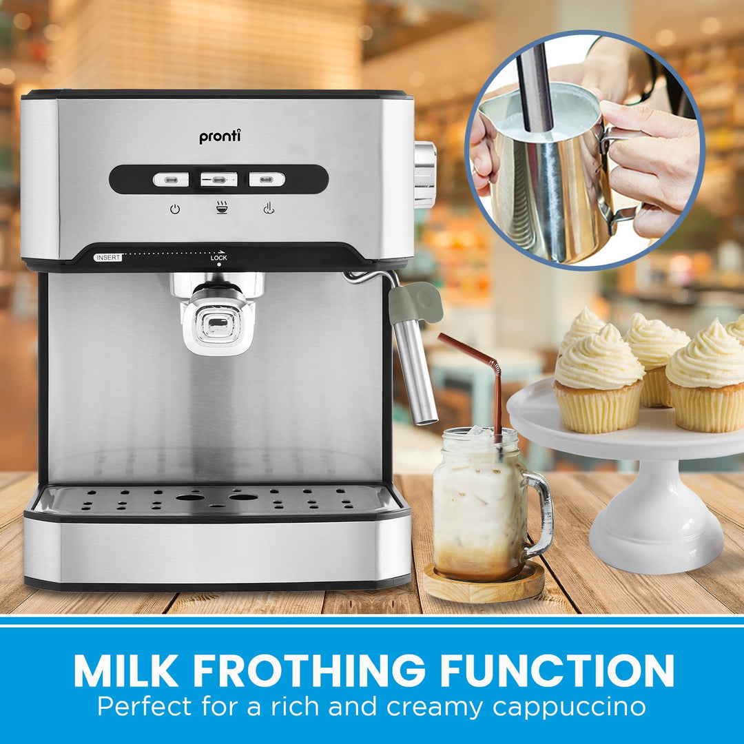 Pronti 1.6L Automatic Coffee Espresso Machine with Steam Frother, perfect for rich and creamy cappuccinos, displayed next to desserts.