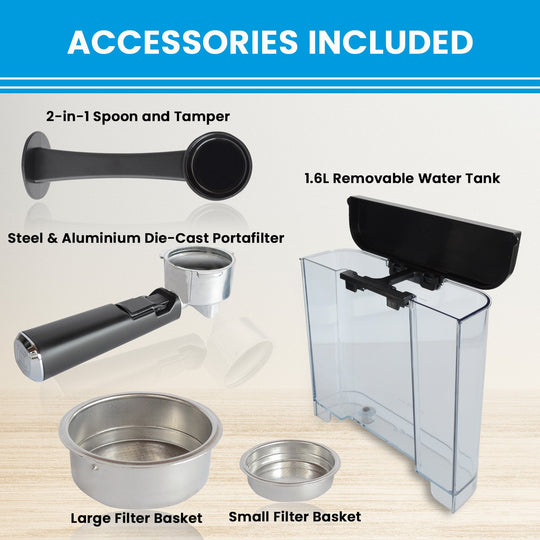 Included accessories for Pronti 1.6L espresso machine: spoon and tamper, portafilter, removable water tank, large and small filter basket.