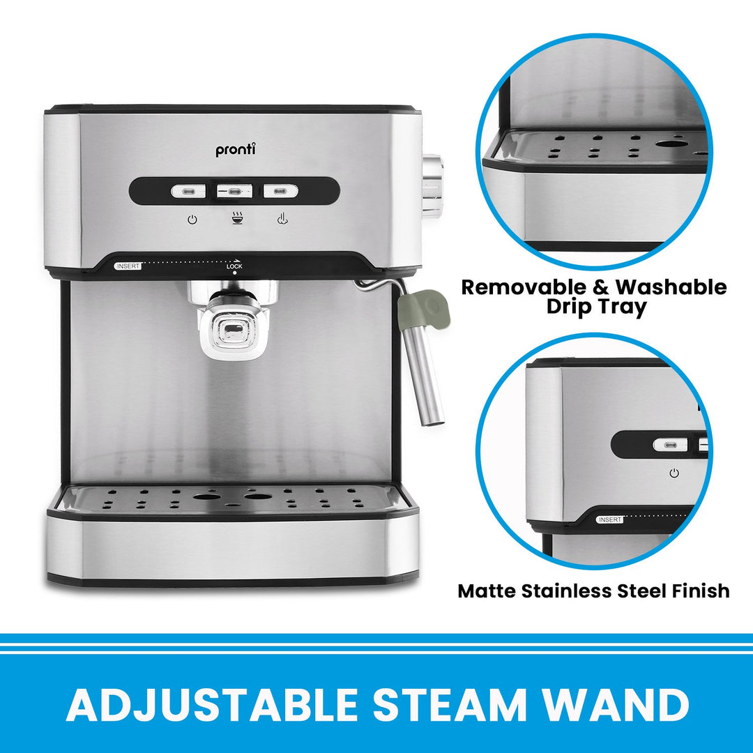 Pronti 1.6L Automatic Coffee Espresso Machine with adjustable steam wand, removable drip tray, and matte stainless steel finish