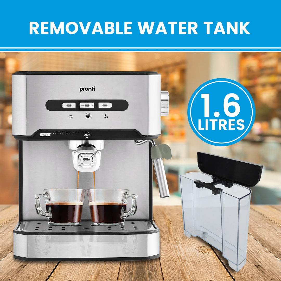 Pronti 1.6L Automatic Coffee Espresso Machine with removable water tank and steam frother on wooden counter.