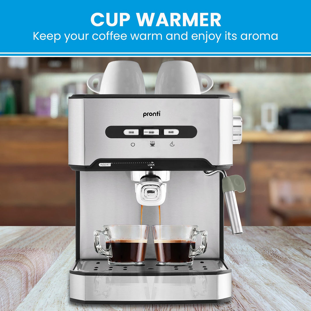 Pronti 1.6L Automatic Coffee Espresso Machine with Steam Frother brewing two cups of espresso.