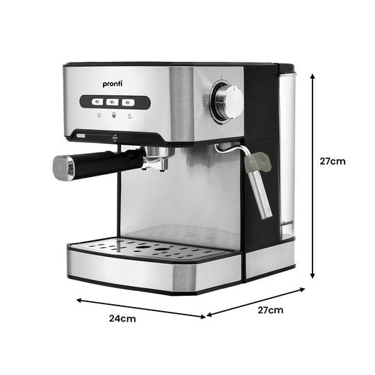 Pronti 1.6L Automatic Coffee Espresso Machine with Steam Frother, featuring a 20 bar Italian ULKA pump and detachable water tank