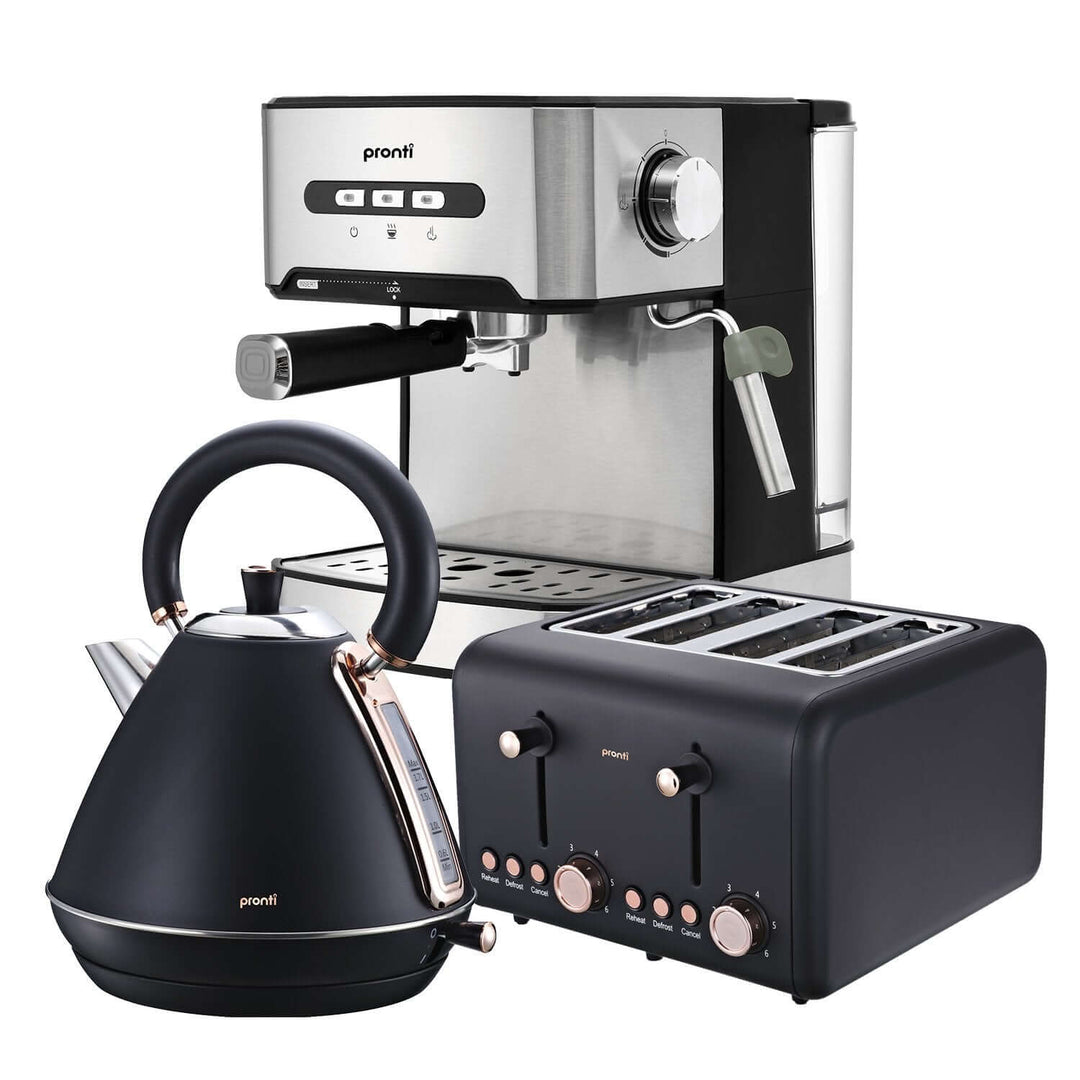 Pronti Toaster, Kettle & Coffee Machine Breakfast Set - Black, value furniture, affordable quality kitchen appliance bundle