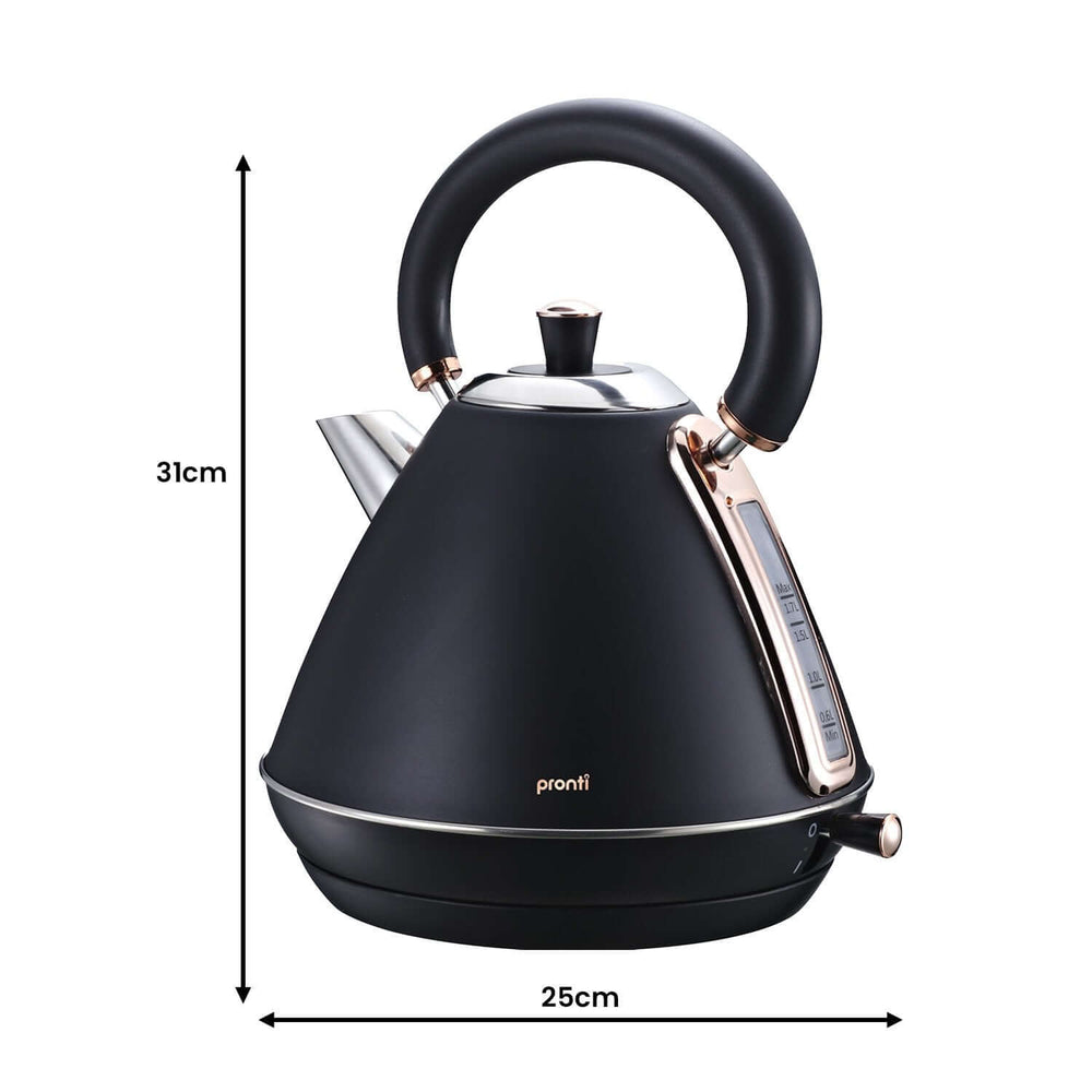 Pronti 1.7L black kettle with automatic switch-off feature, part of the Pronti Toaster, Kettle & Coffee Machine Breakfast Set, 31cm height.