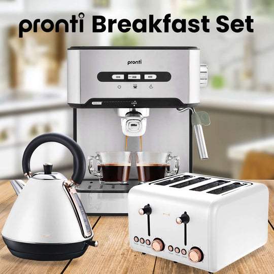 Pronti white breakfast set with toaster, kettle, and coffee machine on a kitchen counter. Quality, affordable, value furniture kitchen appliances.