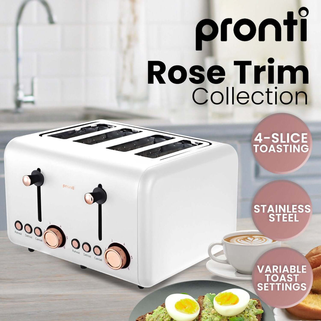 Pronti Rose Trim Collection 4-Slice Stainless Steel Toaster with Variable Toast Settings in a Kitchen Setting