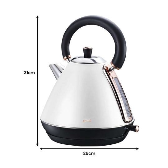 Pronti white 1.7L kettle with black handle, automatic switch-off feature, stylish and affordable quality kitchen appliance.