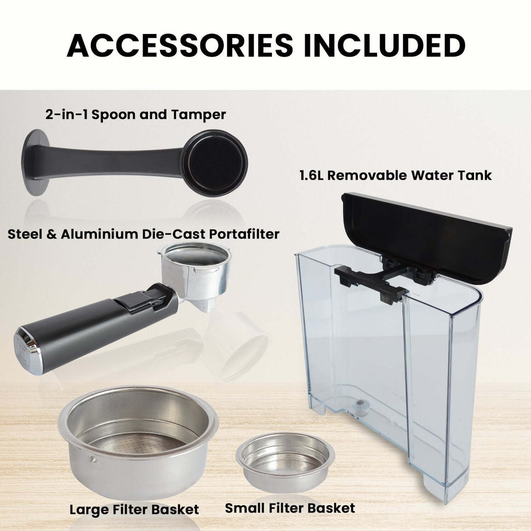 Accessories included with coffee machine: 2-in-1 spoon and tamper, 1.6L removable water tank, die-cast portafilter, large and small filter baskets.