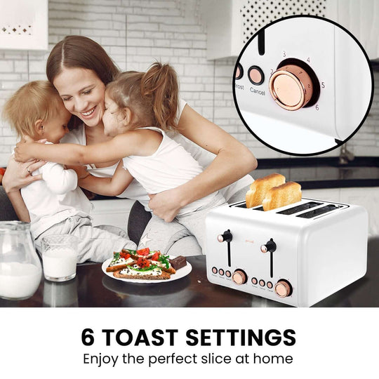 Mother and children enjoying breakfast with Pronti toaster featuring six toast settings and perfect slices at home.