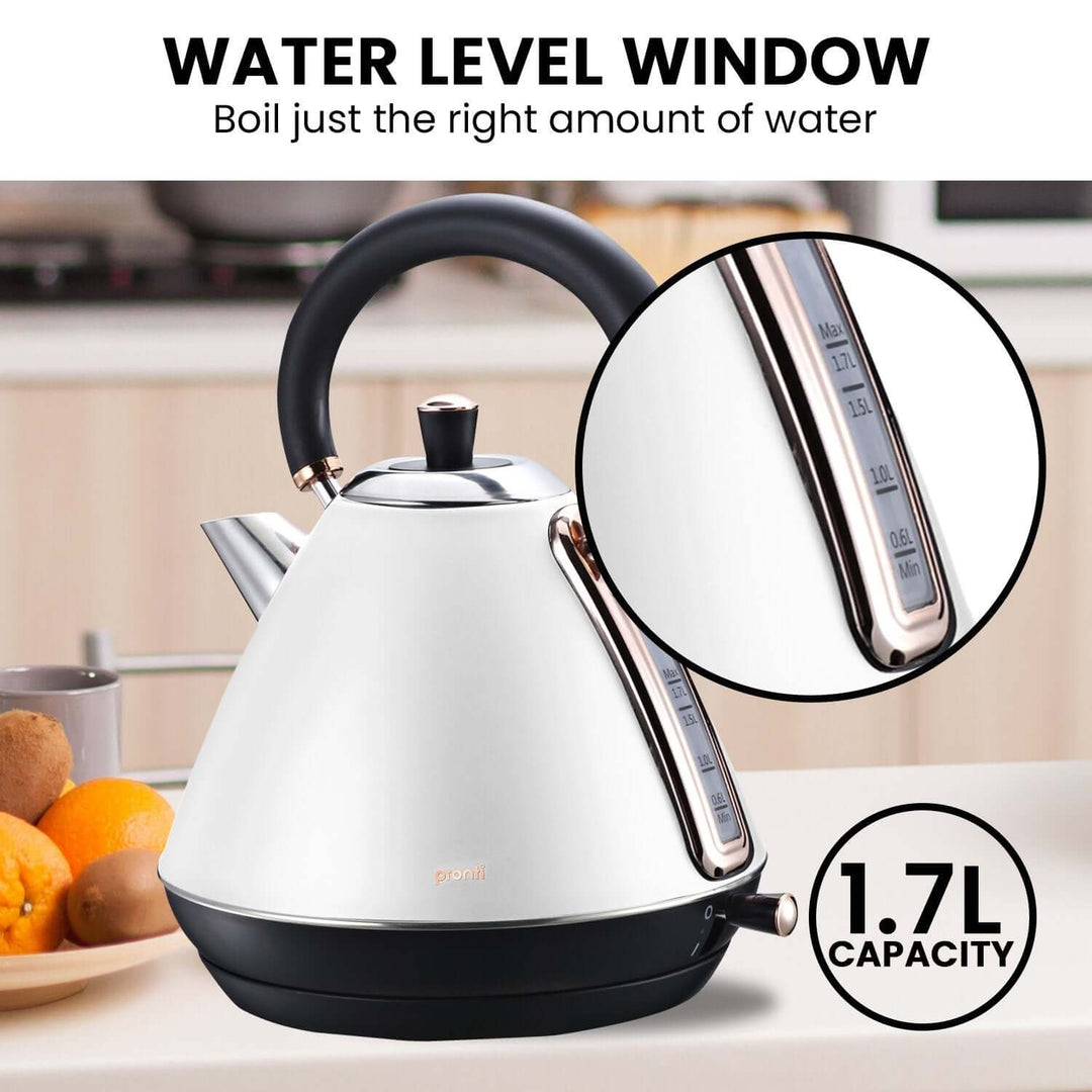 White Pronti kettle with water level window and 1.7L capacity on kitchen counter.