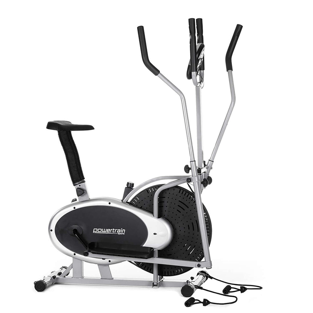 Powertrain 3-in-1 elliptical cross trainer exercise bike with resistance bands for affordable home workouts.