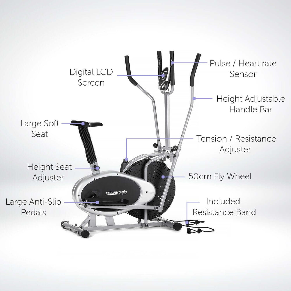 Powertrain 3-in-1 Elliptical Cross Trainer with LCD screen, resistance bands, adjustable seat, and large anti-slip pedals.