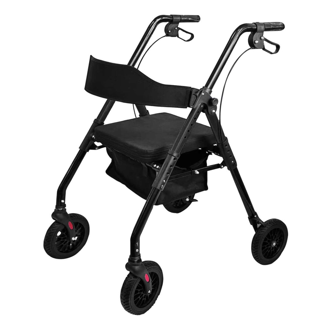 Orthonica foldable steel rollator in black with adjustable seat, PVC grip, and all-terrain wheels for comfort and mobility.