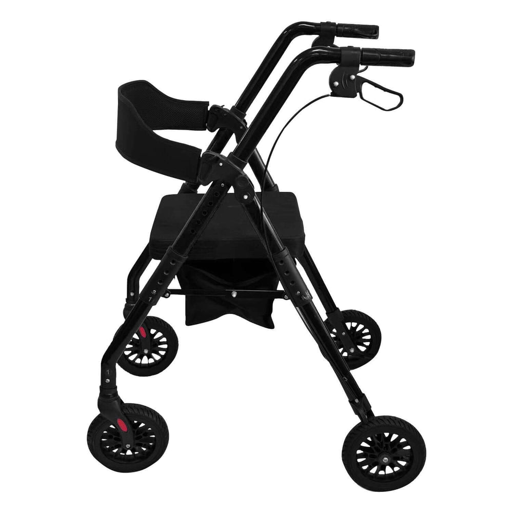 Orthonica foldable steel rollator walker in black with adjustable armrest and all-terrain wheels, designed for comfort and mobility.