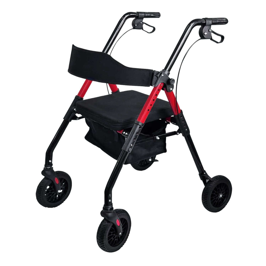 Orthonica foldable steel rollator walker in red, featuring adjustable armrests, a backrest, and 8 all-terrain wheels for comfort.