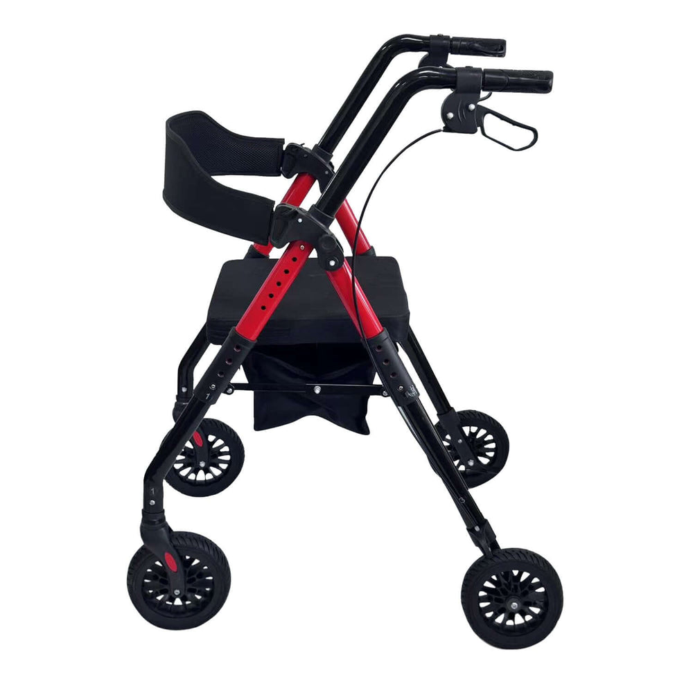 Affordable Orthonica foldable mobility rollator in red, featuring sturdy steel frame and ergonomic design for comfort.