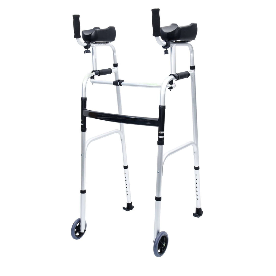 Orthonica folding rollator walker with adjustable handles and cane box, durable aluminum design for comfort and stability.