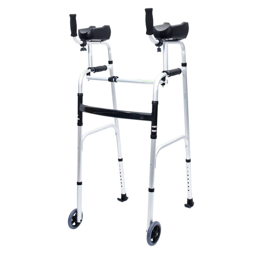 Orthonica folding rollator walker with adjustable handles and cane box, durable aluminum design for comfort and stability.