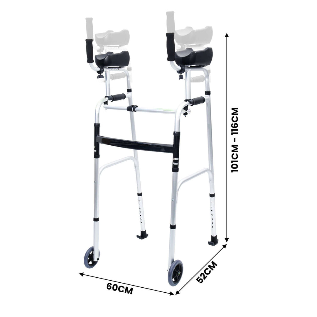 Orthonica folding rollator walker with adjustable handles, lightweight aluminium design, dimensions: 101-116cm height, 60cm width.