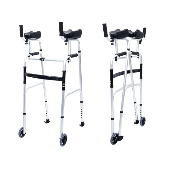 Orthonica folding rollator walker with adjustable handles and cane box, lightweight aluminium design for improved mobility.