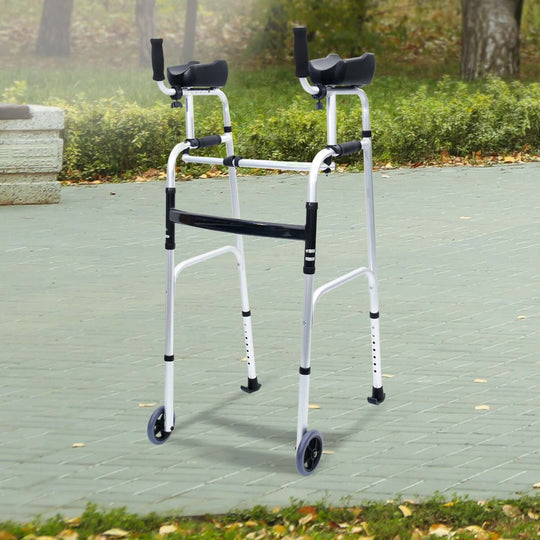 Orthonica Folding Rollator Walker with adjustable handles and cane box, lightweight aluminum for improved mobility and comfort.