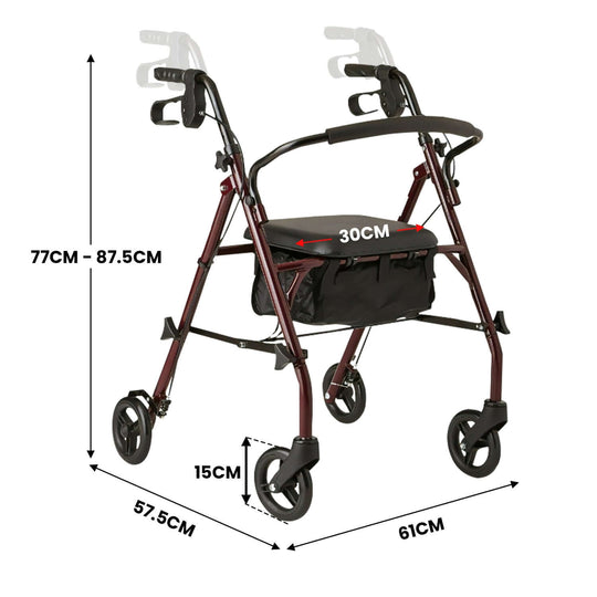 Orthonica Foldable Steel Frame Rollator 4-wheel Walker dimensions with measurements for easy reference and mobility assistance.