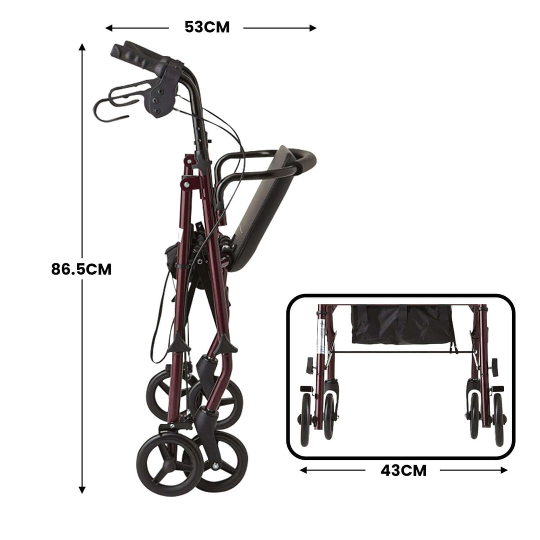 Orthonica 4-wheel foldable steel frame rollator walker, compact design with durable construction, user-friendly dimensions.