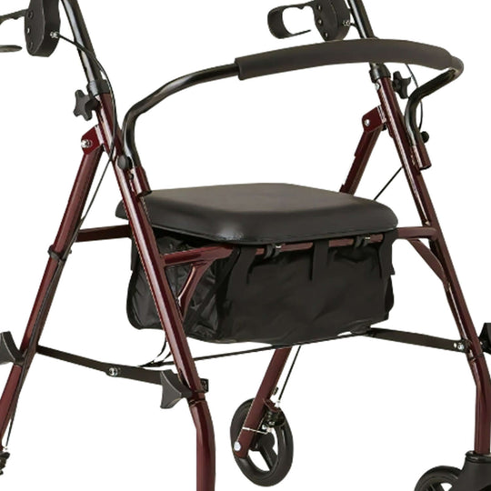 Orthonica foldable steel frame rollator walker with cushioned seat and convenient storage bag.