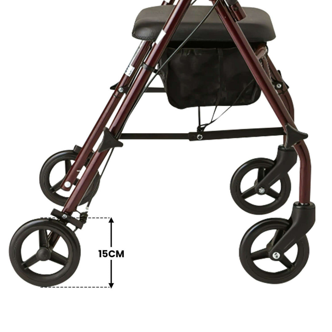 Orthonica foldable steel frame rollator walker showcasing 15cm wheel height for mobility and convenience.