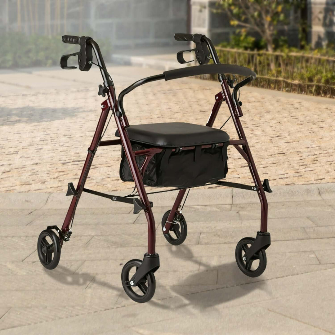 Orthonica Foldable Steel Frame Rollator 4-wheel Walker in burgundy with a comfortable seat and storage bag, perfect for mobility.