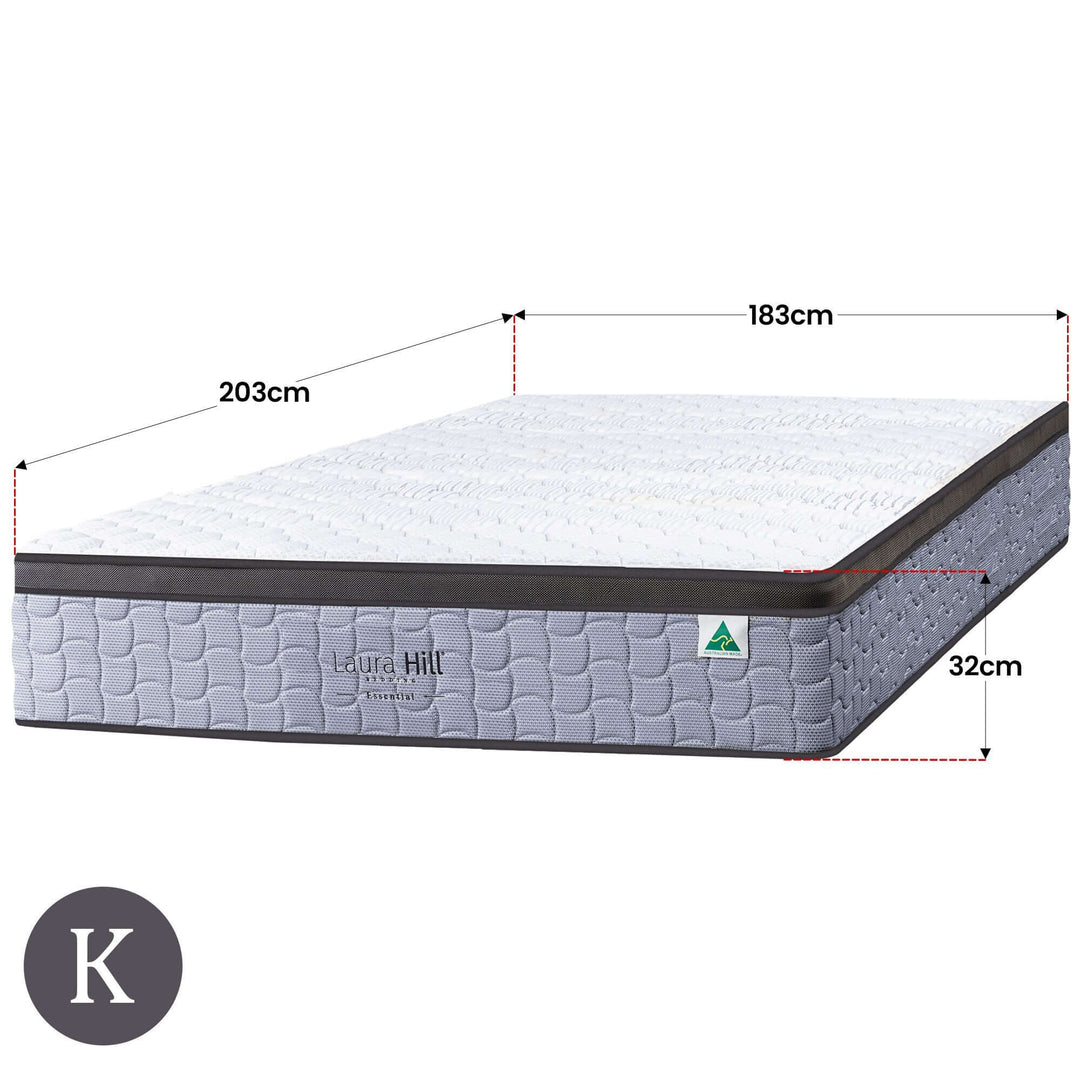 Laura Hill Essential King Premium Mattress with dimensions 183cm x 203cm x 32cm, offering affordable luxury and quality sleep.