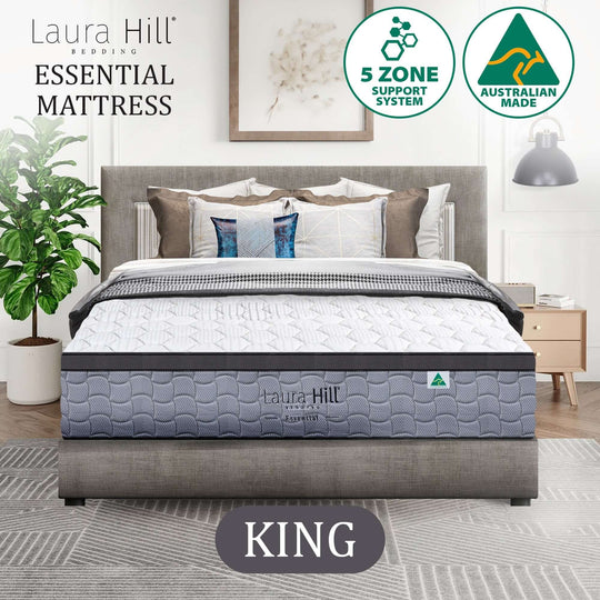 Laura Hill Essential King Mattress, Australian made, 5-zone support, affordable luxury for a quality sleep experience.