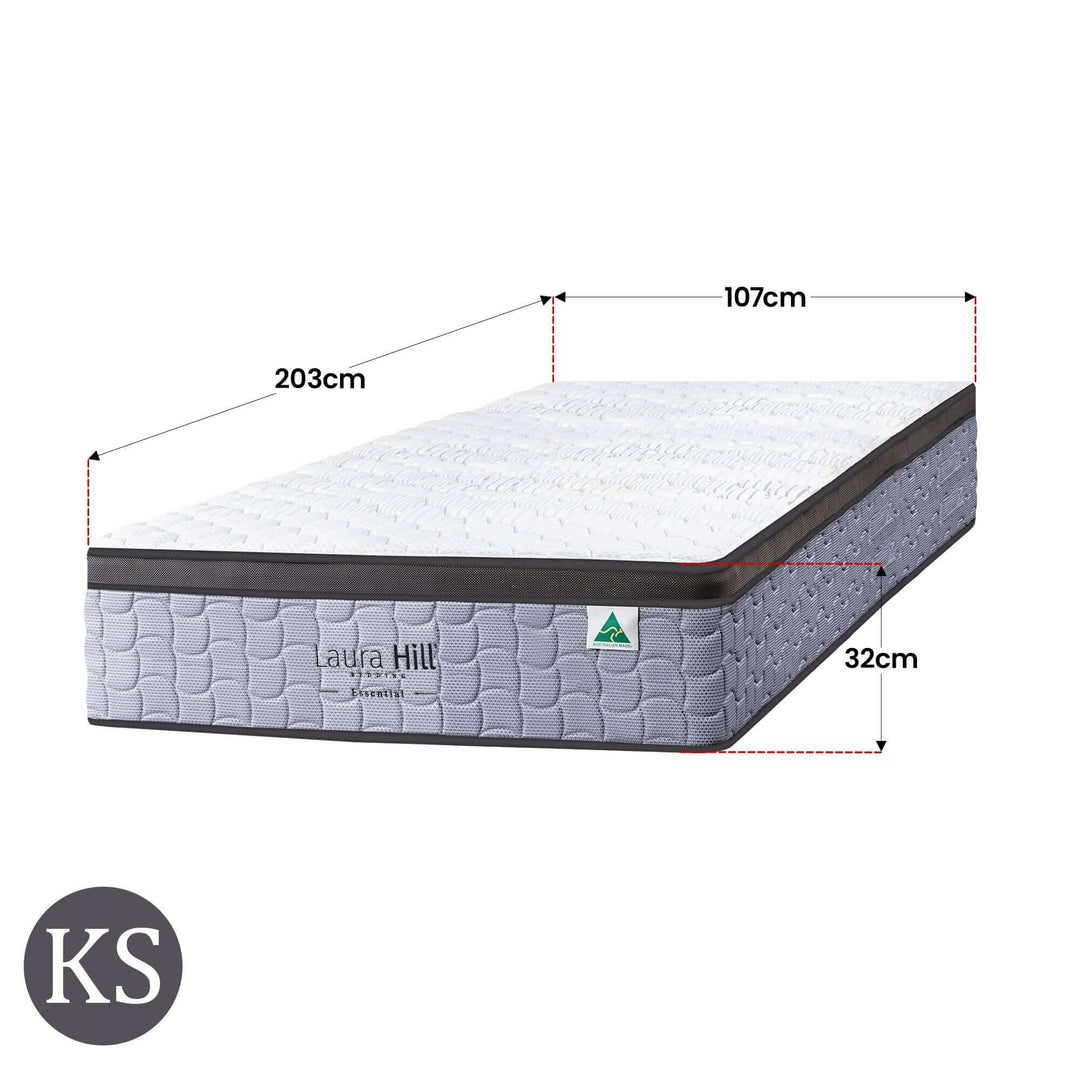 Laura Hill Essential King Single Mattress, 203cm x 107cm, 32cm thick, Australian made, affordable quality sleep solution.