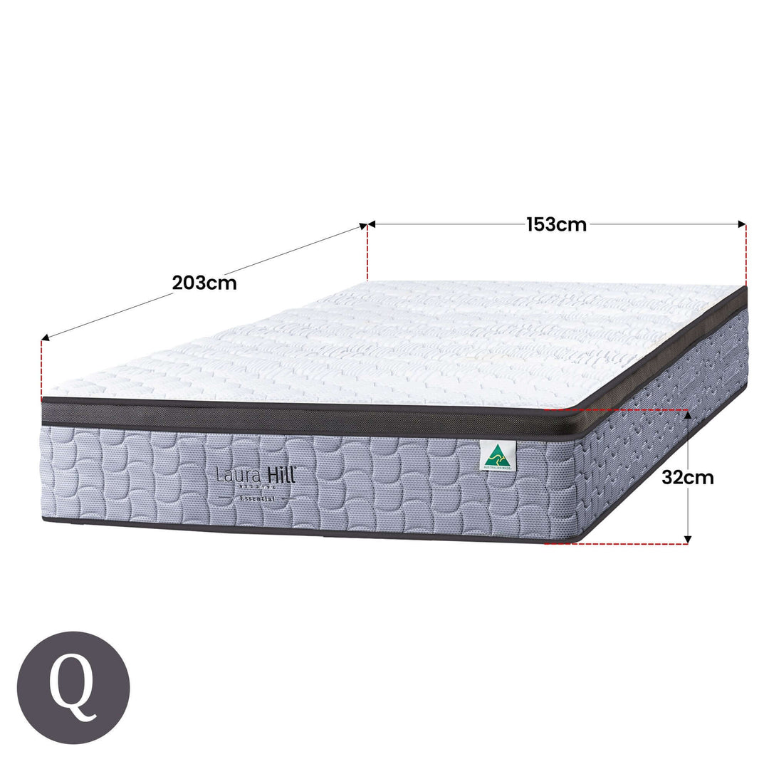 Laura Hill Essential Australian Made Queen Mattress dimensions 153cm x 203cm x 32cm, offering luxurious comfort and support.