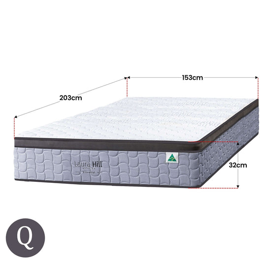 Laura Hill Essential Australian Made Queen Mattress dimensions 153cm x 203cm x 32cm, offering luxurious comfort and support.