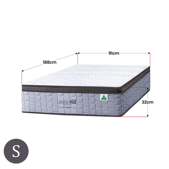 Laura Hill Essential Australian Mattress: 188cm x 91cm x 32cm, offering affordable luxury and quality sleep.